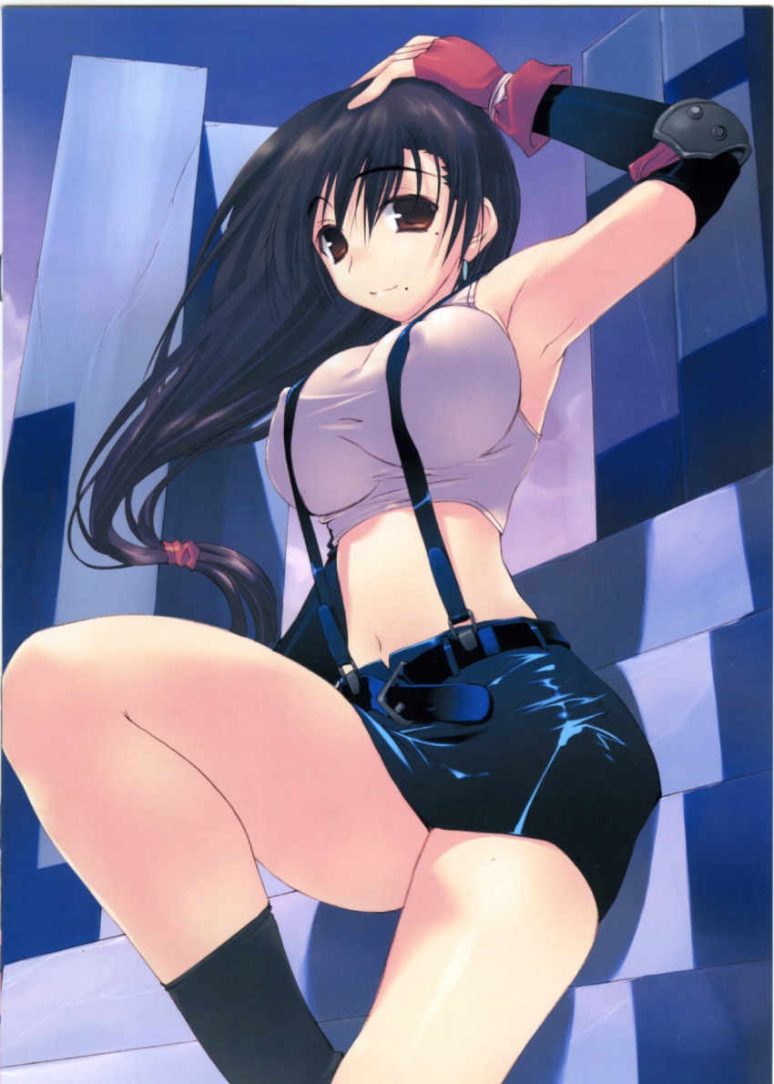 amazuyu_tatsuki arm_up armpits bangs belt black_hair black_legwear breasts brown_eyes closed_mouth cloud cosplay covered_nipples crop_top detached_sleeves elbow_pads final_fantasy final_fantasy_vii fingerless_gloves floating_hair from_side genshiken gloves hair_between_eyes hand_on_own_head knee_up large_breasts light_smile long_hair looking_at_viewer low-tied_long_hair midriff miniskirt mole mole_under_eye mole_under_mouth oono_kanako outdoors pencil_skirt scan scrunchie shadow shiny shiny_clothes sitting skirt sky smile socks solo stairs suspender_skirt suspenders tank_top taut_clothes thighs tifa_lockhart tifa_lockhart_(cosplay) very_long_hair
