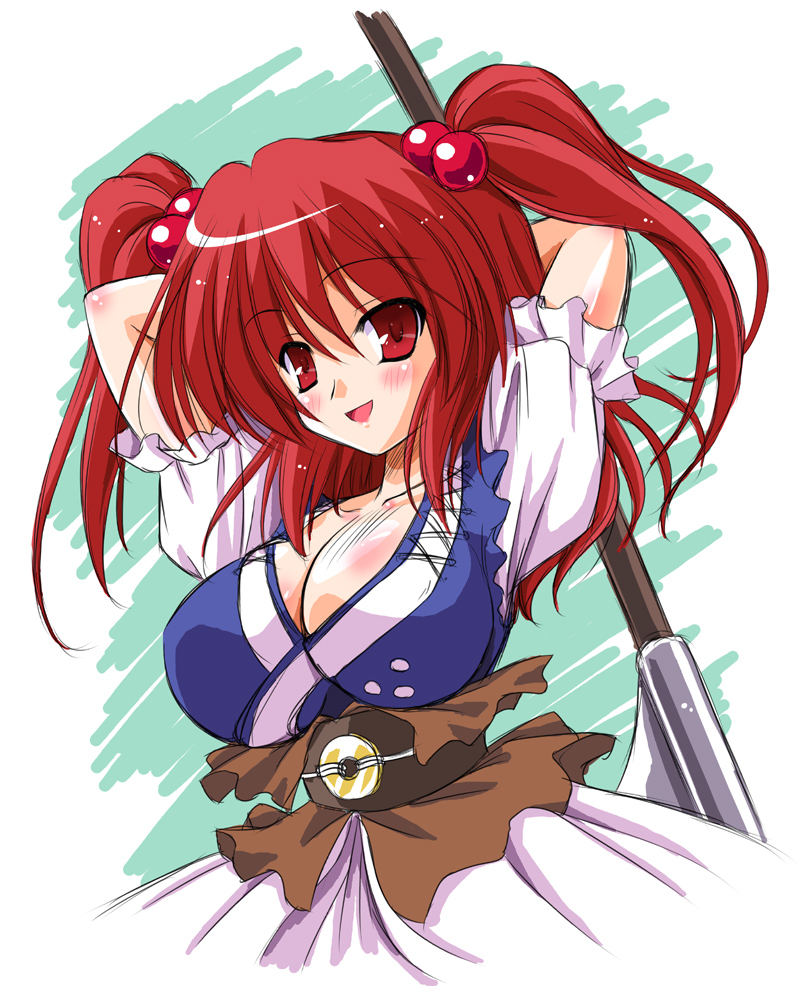blush breasts cleavage huge_breasts japanese_clothes onozuka_komachi red_hair scythe solo touhou two_side_up yamu_(reverse_noise)
