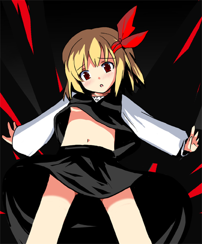 bad_id bad_pixiv_id blonde_hair blush breasts fa_no_hito hair_ribbon lowres midriff outstretched_arms ribbon rumia short_hair small_breasts solo spread_arms touhou underboob upshirt