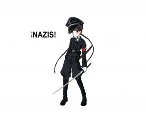armband bangs belt black_eyes black_hair black_legwear boots buttons flat_chest gloves hat katana knee_boots long_hair looking_at_viewer lowres military military_uniform nazi necktie pale_skin peaked_cap simple_background solo standing sword twintails uniform very_long_hair weapon