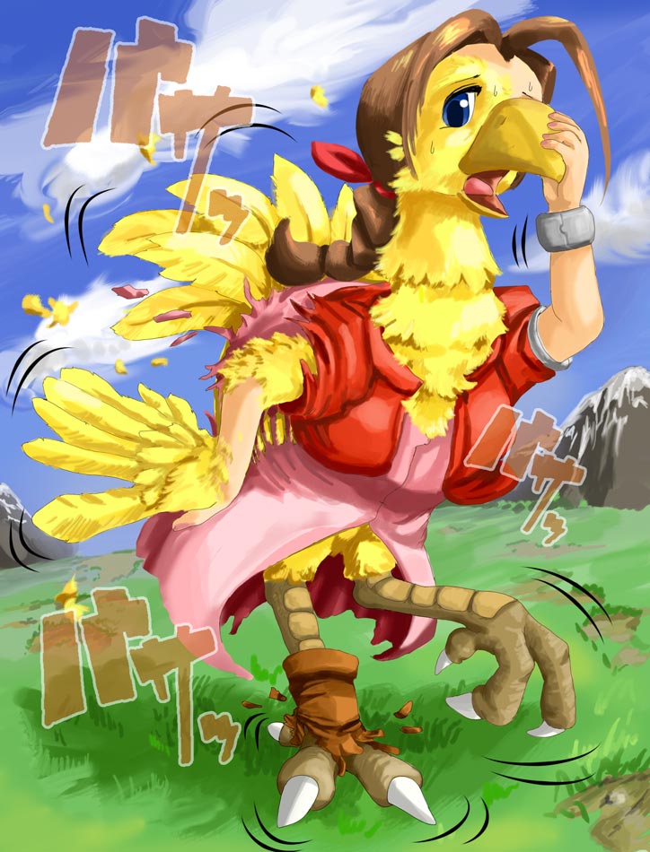 animalization beak blue_eyes bracelet brown_hair chocobo claws cloud cropped_jacket day dress edmol feathers final_fantasy final_fantasy_vii grass hair_ribbon jewelry mountain no_humans open_mouth pink_dress ribbon solo tail torn_clothes transformation wings