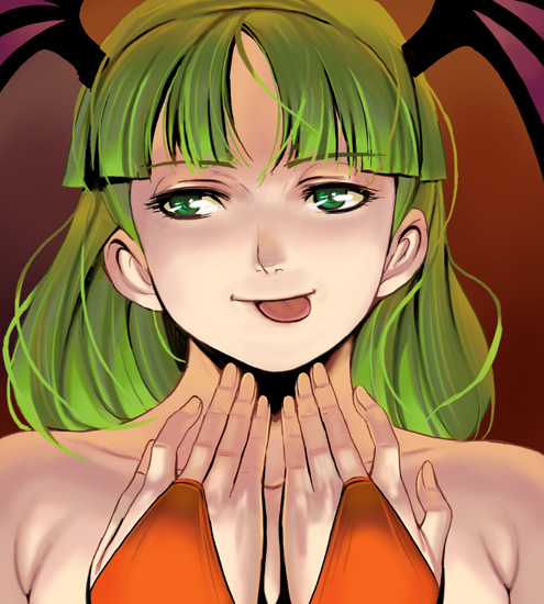 :p bad_id bad_pixiv_id bridal_gauntlets green_eyes green_hair head_wings long_hair masao morrigan_aensland solo tongue tongue_out upper_body vampire_(game)