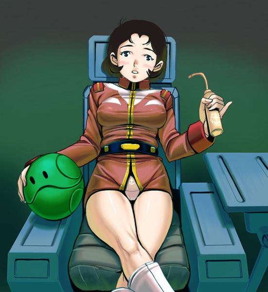 bad_id bad_pixiv_id black_hair blush boots gundam haro masao mirai_yashima mobile_suit_gundam panties pantyshot short_hair sitting solo underwear