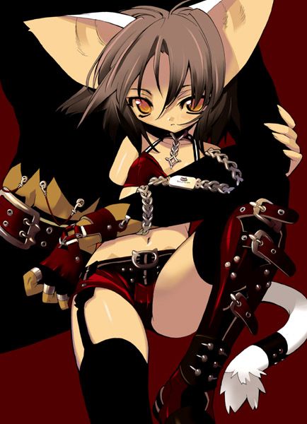 animal_ears blade_(galaxist) boots brown_hair buckle cat_ears cat_tail chain copyright_request garter_belt holding legs looking_at_viewer navel orange_eyes short_hair sitting tail tail_ornament thighhighs