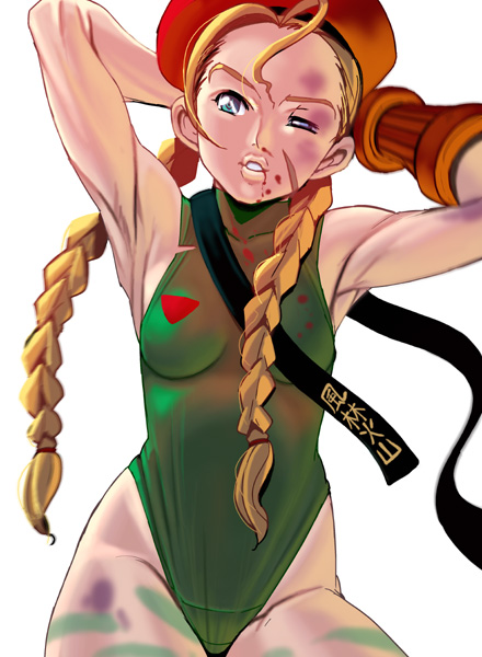 armpits bad_id bad_pixiv_id beret blonde_hair blood blue_eyes braid bruise cammy_white cowboy_shot green_leotard hat injury leotard long_hair masao muscle solo street_fighter twin_braids