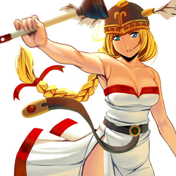 armpits bad_id bad_pixiv_id blonde_hair blue_eyes braid breasts cleavage cowboy_shot dress head_wings helmet large_breasts long_hair masao muscle plunger single_braid solo valkyrie valkyrie_(vnd) valkyrie_no_densetsu white_background
