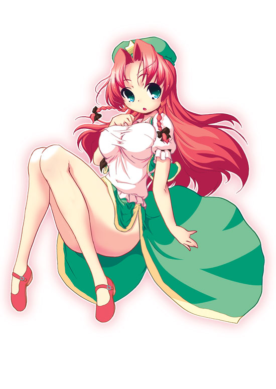 :o aqua_eyes braid breasts full_body hat hong_meiling large_breasts long_hair looking_at_viewer naitou_satoshi outline red_hair shoes simple_background solo touhou twin_braids white_background