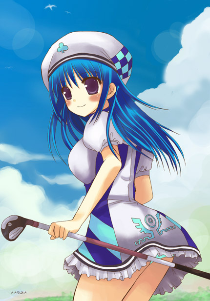 aoyama_asuka arin beret blue_hair golf hat pangya panties pantyshot purple_eyes skirt solo underwear