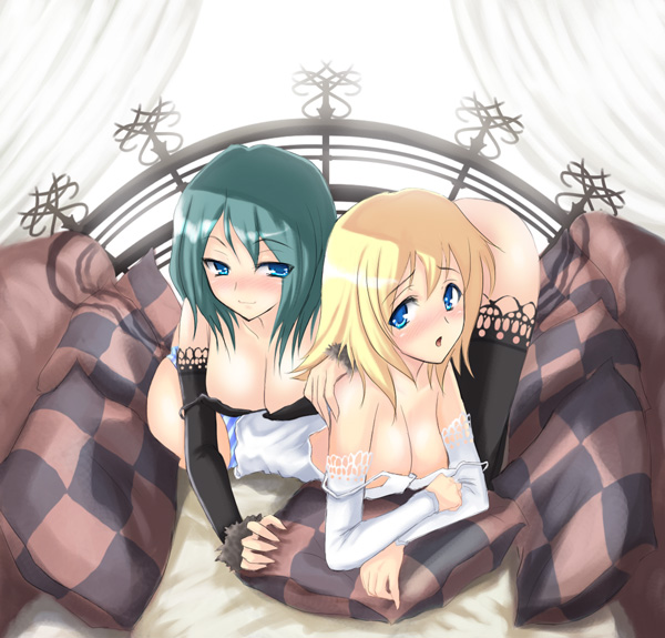 :d bed bed_sheet blonde_hair blue_eyes breasts checkered cleavage curtains downblouse elbow_gloves gloves green_hair hanging_breasts large_breasts looking_at_viewer lying multiple_girls on_bed on_stomach open_mouth original pillow shima-shuu short_hair simple_background smile white_background