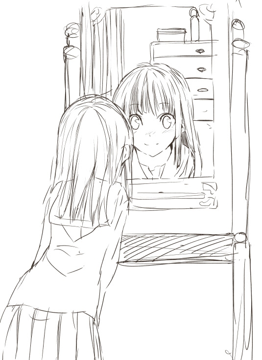 chest_of_drawers drawer face greyscale mirror monochrome morii_shizuki original school_uniform serafuku sketch smile solo