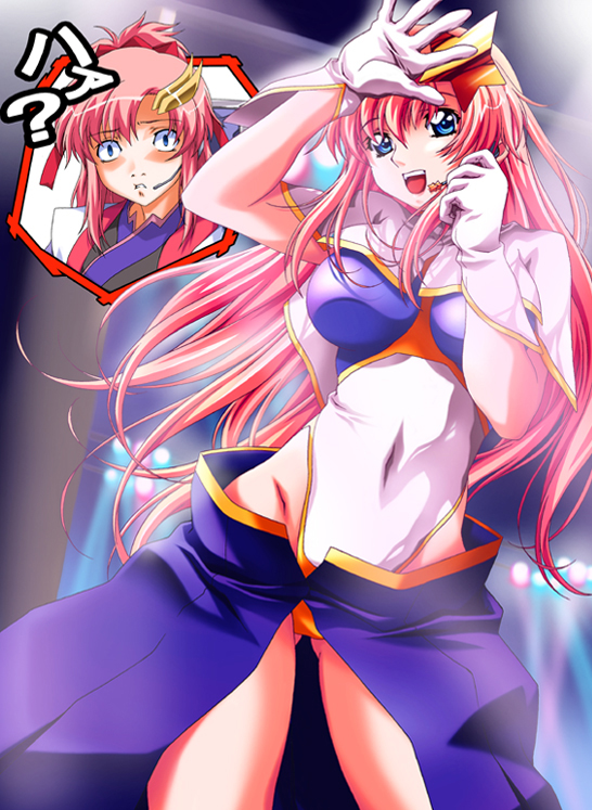 :d armpits arms_up artist_request bare_shoulders blue_eyes blue_skirt closed_eyes contrapposto covered_navel cowboy_shot expressionless gloves gundam gundam_seed gundam_seed_destiny hair_ornament highleg highleg_leotard jitome lacus_clyne leotard looking_at_viewer meer_campbell multiple_girls open_mouth pink_hair pose purple_leotard showgirl_skirt skirt smile standing star star_hair_ornament white_gloves white_leotard