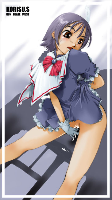 bottomless bow bowtie brown_eyes dress feathers frills gloves gun_blaze_west looking_back masturbation no_panties purple_hair pussy pussy_juice short_hair solo suzuki_kyoutarou