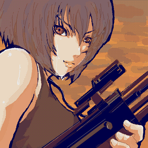 artist_request bare_shoulders black_hair brown_eyes camouflage_background closed_mouth ghost_in_the_shell gun kusanagi_motoko lips lowres rifle short_hair sleeveless smile sniper_rifle solo sweatdrop tank_top underwear upper_body weapon