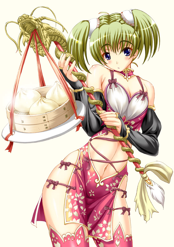 bamboo_steamer baozi china_dress chinese_clothes copyright_request dress food green_hair shiruko short_hair solo thighhighs twintails