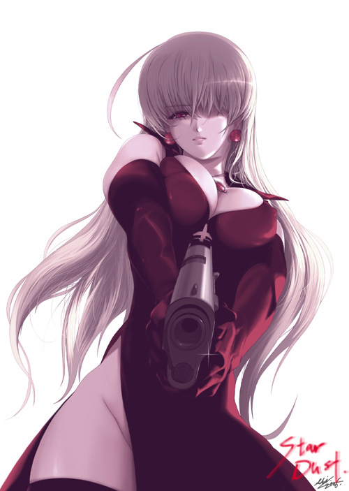 ahoge aiming_at_viewer black_legwear breasts cleavage covered_nipples dress earrings elbow_gloves elysion eri_(artist) from_below gloves gun hair_over_one_eye handgun holding holding_gun holding_weapon jewelry large_breasts lips long_hair necklace no_panties pistol red_dress red_eyes silver_hair solo sound_horizon stella_(sound_horizon) thighhighs weapon