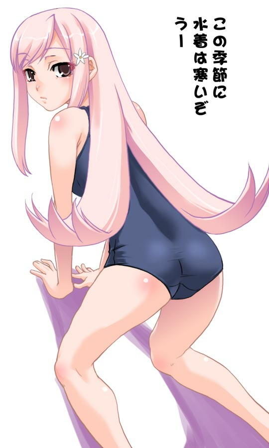all_fours ass back blush flower hair_flower hair_ornament long_hair looking_back lucy_maria_misora one-piece_swimsuit pink_hair purple_eyes school_swimsuit shinama solo swimsuit to_heart_2 translated
