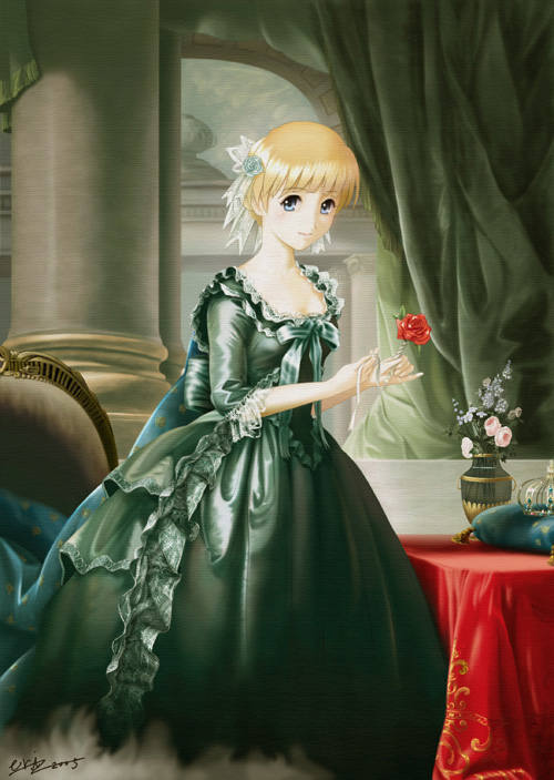 baroque blonde_hair blue_eyes chronicle_2nd column curtains dress eri_(artist) flower green_dress hair_flower hair_ornament hair_ribbon indoors lace lace-trimmed_dress looking_at_viewer pillar red_flower red_rose ribbon rose signature smile solo sound_horizon table vase
