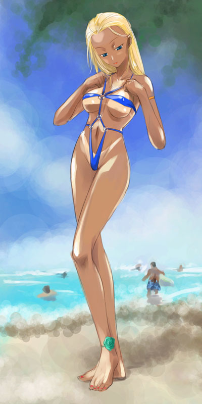 barefoot beach bikini_tan blonde_hair blue_eyes copyright_request day long_hair michael slingshot_swimsuit swimsuit tan tanline