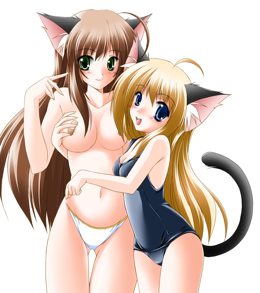 :d ahoge animal_ears ass_visible_through_thighs bandaid bandaids_on_nipples bikini blonde_hair blue_eyes breast_grab breasts brown_hair cat_ears cat_tail copyright_request cowboy_shot from_side grabbing green_eyes kamiya_tomoe large_breasts long_hair looking_at_viewer multiple_girls one-piece_swimsuit open_mouth pasties school_swimsuit simple_background smile swimsuit tail thigh_gap topless white_background white_bikini