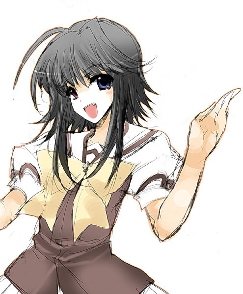 ahoge aoguu black_hair blush bow bowtie brown_dress brown_eyes dress looking_at_viewer mayumi_thyme puffy_short_sleeves puffy_sleeves short_hair short_sleeves shuffle! simple_background solo white_background yellow_bow yellow_neckwear