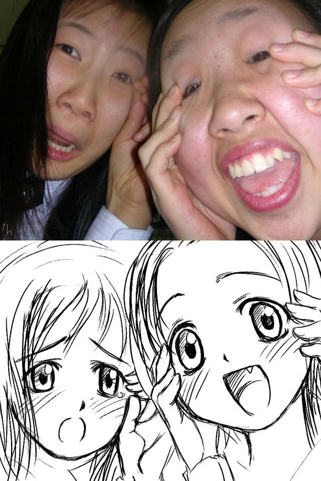 :o comparison fang male_focus multiple_girls otaku photo sketch
