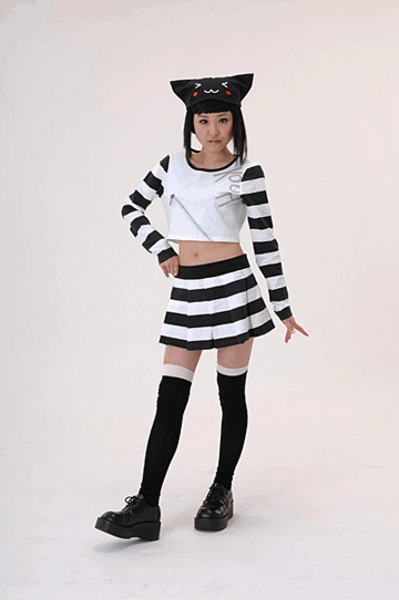 animated animated_gif asian cosplay hat kooh pangya photo solo striped thighhighs