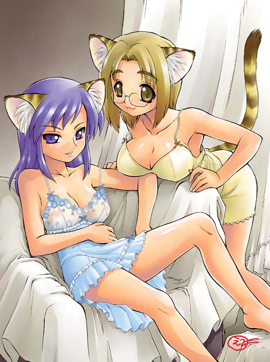 :3 animal_ears bell blonde_hair breast_rest breasts brown_hair cat_ears cat_tail cleavage copyright_request ebifly glasses leaning_forward lingerie medium_breasts multiple_girls parted_lips pince-nez purple_eyes purple_hair sitting strap_slip tail underwear yellow_eyes