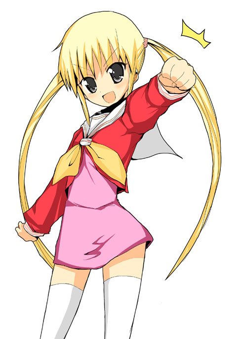 1girl :d black_eyes blonde_hair clenched_hand cowboy_shot cropped_jacket dress hayate_no_gotoku! long_hair long_sleeves looking_at_viewer maro_nie neckerchief open_mouth outstretched_arm pink_dress sailor_collar sanzen'in_nagi short_dress simple_background smile solo thighhighs tsurime twintails v-shaped_eyebrows white_background white_legwear zettai_ryouiki