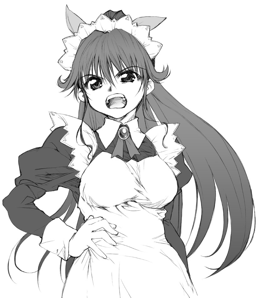 angry character_request copyright_request face greyscale hand_on_hip hands long_hair maid maid_headdress monochrome open_mouth solo yamaguchi_homupe