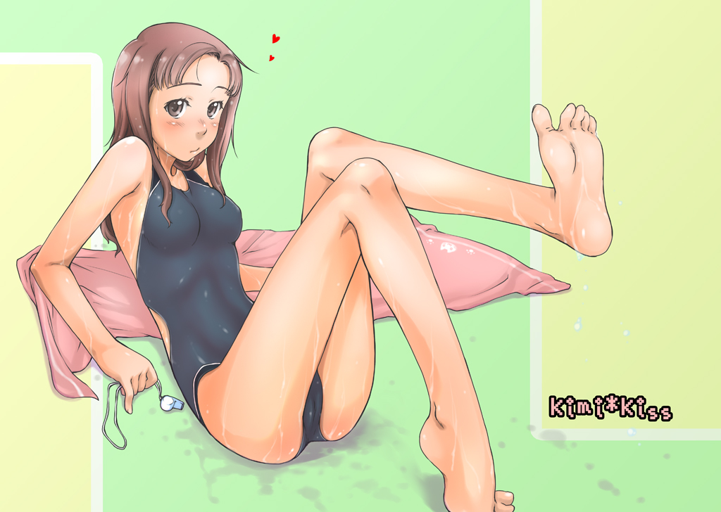 bad_id bad_pixiv_id barefoot brown_eyes brown_hair competition_swimsuit feet forehead hands kawada_tomoko kimi_kiss legs long_hair one-piece_swimsuit sakura_kotetsu soles solo swimsuit toes towel wet whistle