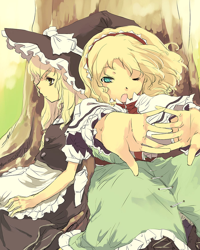 ;o against_tree alice_margatroid apron bangs blonde_hair blue_eyes blue_hair boots bow capelet cross-laced_footwear dress forest hairband hat hat_bow kirisame_marisa lace-up_boots long_hair messy_hair multiple_girls nature one_eye_closed outdoors sash short_hair sitting stretch touhou tree white_bow witch_hat yawning yellow_eyes yuu_(kfc)