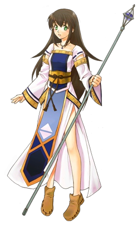 :o black_hair blush detached_sleeves dress flat_chest full_body gensou_suikoden gensou_suikoden_v green_eyes hozumi_riya japanese_clothes jewelry legs long_hair lowres necklace obi official_art open_mouth pendant rope sash shoes side_slit solo staff standing transparent_background viki_(suikoden)