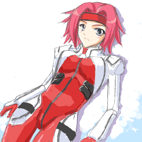 arms_at_sides bodysuit code_geass cowboy_shot green_eyes headband kallen_stadtfeld looking_at_viewer lowres pink_hair red_bodysuit ryuushou short_hair simple_background skin_tight smile solo thigh_gap white_background