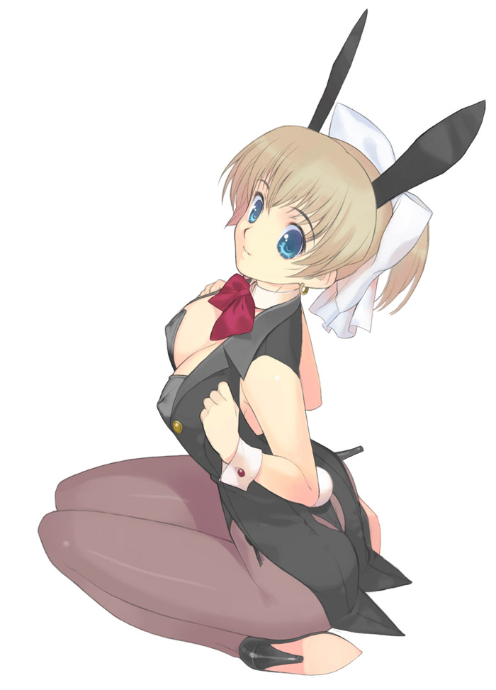 animal_ears blonde_hair blue_eyes bow bowtie breasts brown_hair bunny_ears bunnysuit cleavage earrings hair_bow high_heels jewelry large_breasts mibu_natsuki original pantyhose ponytail red_bow ribbon solo tailcoat white_ribbon wrist_cuffs