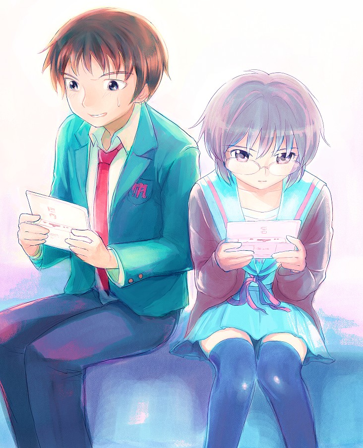 1girl blue_sailor_collar cardigan glasses handheld_game_console kita_high_school_uniform kyon nagato_yuki nintendo_ds osamu playing_games sailor_collar school_uniform serafuku suzumiya_haruhi_no_yuuutsu thighhighs video_game zettai_ryouiki