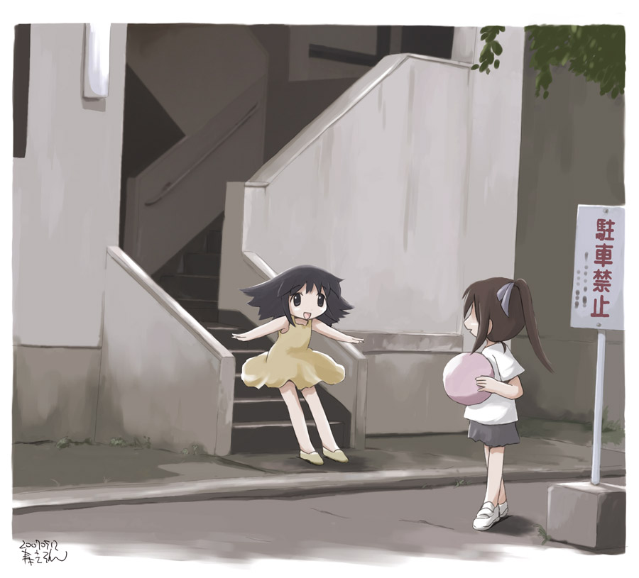 ball brown_hair child dress jumping kotobuki_keisuke multiple_girls open_mouth original road stairs street