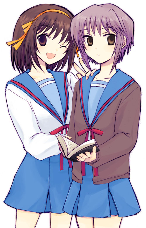 blue_sailor_collar book brown_hair cardigan kita_high_school_uniform long_sleeves multiple_girls nagato_yuki sailor_collar school_uniform serafuku shima_tokio short_hair suzumiya_haruhi suzumiya_haruhi_no_yuuutsu