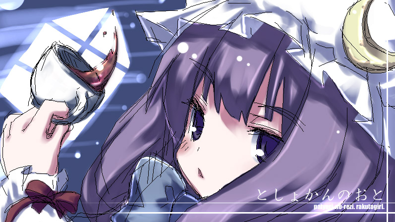 blush close-up crescent crescent_hair_ornament cup gozen_shinshi hair_ornament hat holding holding_cup mob_cap patchouli_knowledge purple_eyes purple_hair red_ribbon ribbon solo tea teacup touhou