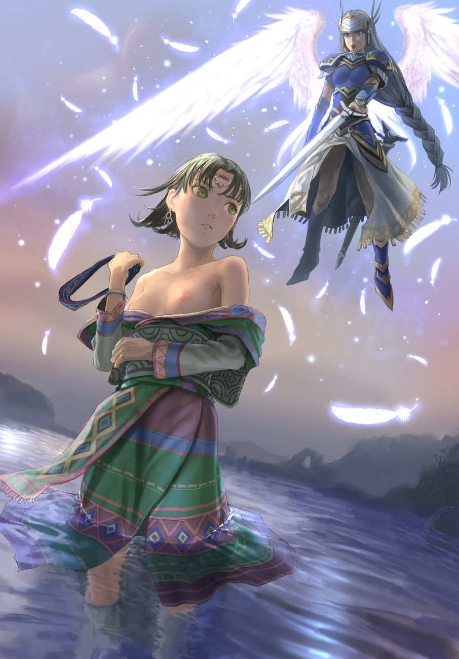 ainu_clothes artist_request breasts floating highres japanese_clothes lenneth_valkyrie medium_breasts multiple_girls nipples open_clothes open_shirt partially_submerged shirt sword valkyrie_profile water weapon wings yumei_(valkyrie_profile)