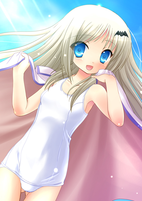 blue_eyes cape day little_busters! long_hair noumi_kudryavka one-piece_swimsuit outdoors school_swimsuit silver_hair sky solo swimsuit white_school_swimsuit white_swimsuit yukizuki_chikuba