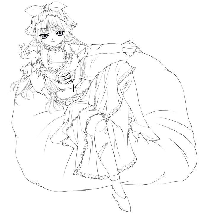 bare_legs dress full_body greyscale knees_up lineart looking_at_viewer lying mashue monochrome on_back original pillow shoes simple_background solo spread_legs white_background