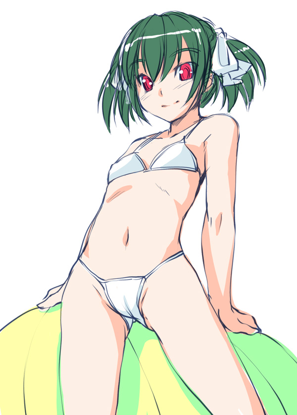 bikini bosshi cameltoe flat_chest green_hair original red_eyes short_twintails smile solo swimsuit twintails white_bikini yu_(bosshi)