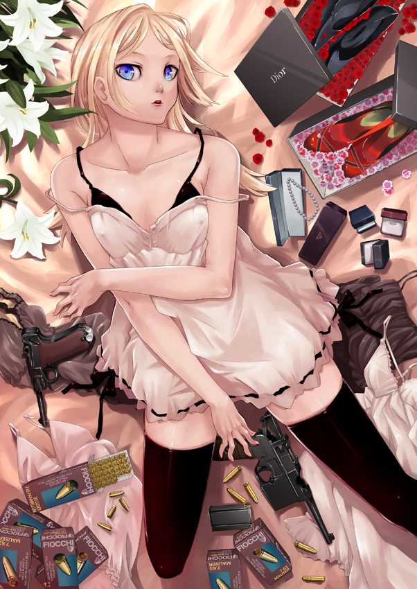 bangs bare_shoulders bed bed_sheet black_legwear blonde_hair blue_eyes breasts bullet camisole cartridge clothes_removed collarbone covered_nipples dior dress fiocchi flower from_above gun hamada_youho handgun high_heels indoors jewelry lipstick long_hair looking_at_viewer luger_p08 lying magazine_(weapon) makeup mauser_c96 nail_polish on_back on_bed open_mouth original parted_bangs pearl product_placement ring shoebox shoes shopping short_dress small_breasts solo spaghetti_strap strap_slip thighhighs weapon zettai_ryouiki