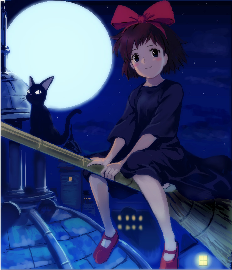animal black_cat black_eyes bow broom broom_riding cat full_moon hair_bow jiji_(majo_no_takkyuubin) kiki majo_no_takkyuubin moon mutsuki_(moonknives) night witch