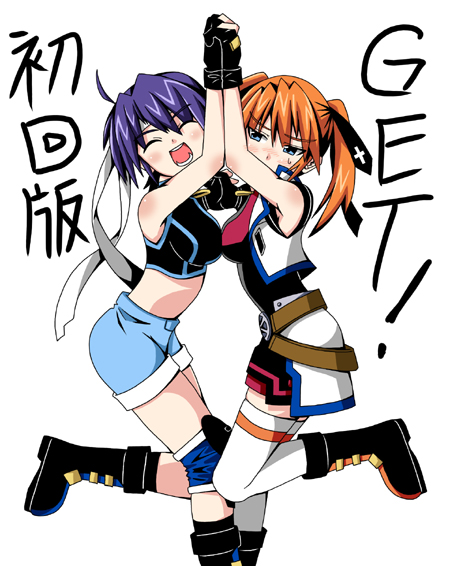 artist_request belt belt_buckle blue_eyes blue_hair breast_press breasts buckle closed_eyes cropped_vest fingerless_gloves gloves lyrical_nanoha magical_girl mahou_shoujo_lyrical_nanoha_strikers medium_breasts multiple_girls no_jacket open_clothes open_vest orange_hair short_twintails small_breasts subaru_nakajima symmetrical_docking teana_lanster thighhighs translated twintails vest