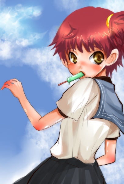 artist_request black_skirt blue_sailor_collar blue_sky blush cloud day eating food hair_bobbles hair_ornament looking_at_viewer mouth_hold original outdoors popsicle puffy_short_sleeves puffy_sleeves red_hair sailor_collar school_uniform serafuku shirt short_sleeves side_ponytail skirt sky solo white_shirt yellow_eyes