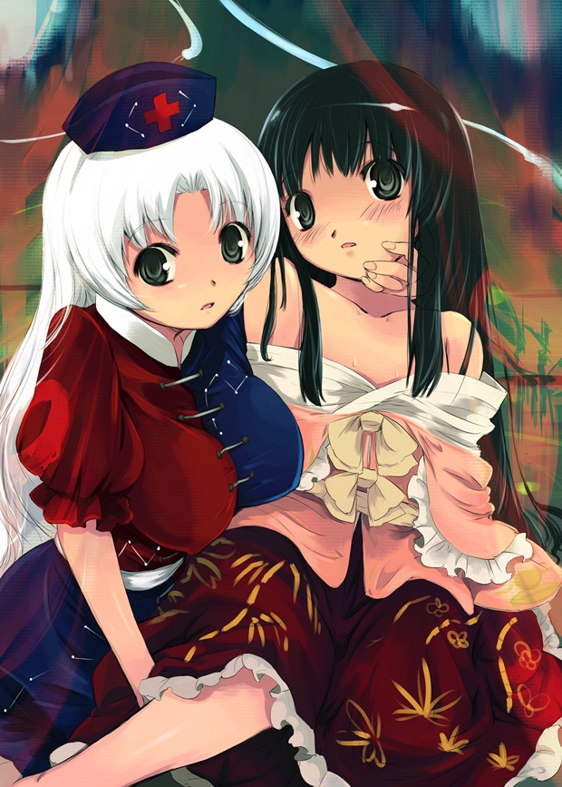bangs black_hair blush bow breasts carrying clothes_down collarbone cover covered_nipples duplicate flat_chest hips houraisan_kaguya large_breasts long_hair looking_at_viewer multiple_girls open_mouth princess_carry scan touhou very_long_hair white_hair yagokoro_eirin yuri yuu_(kfc)