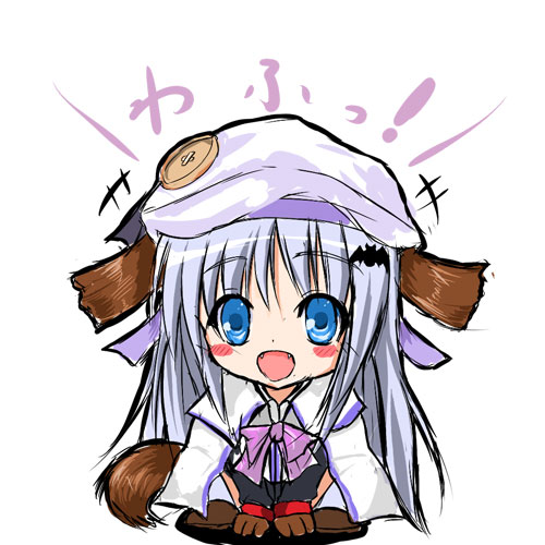 animal_ears blue_eyes bow buttons dog_ears dog_tail fangs hat large_buttons little_busters! long_hair lowres noumi_kudryavka pink_bow ryuushou silver_hair solo squatting tail