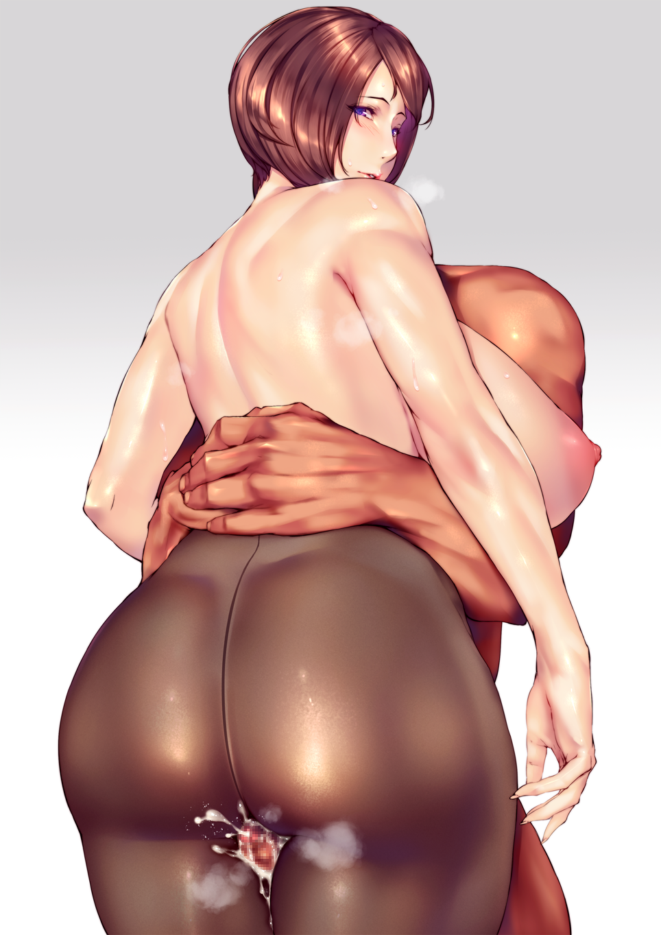 1girl areolae ass black_legwear blush breasts brown_hair censored commentary_request cum curvy fingernails from_behind gradient gradient_background heavy_breathing highres huge_ass huge_breasts large_areolae lips looking_at_viewer looking_back mosaic_censoring nipples original pantyhose parted_lips penis purple_eyes shiny shiny_skin short_hair solo_focus standing steaming_body sweat thick_thighs thigh_sex thighs wide_hips yui.h