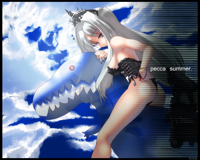 ass banshee_(mabinogi) black_nails breasts cloud coffee_cat day ghost large_breasts mabinogi monster nail_polish outdoors red_eyes sharp_teeth sideboob sitting sky solo teeth